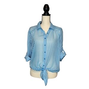 Self Esteem juniors blue white gingham plaid button front tie front top XXL